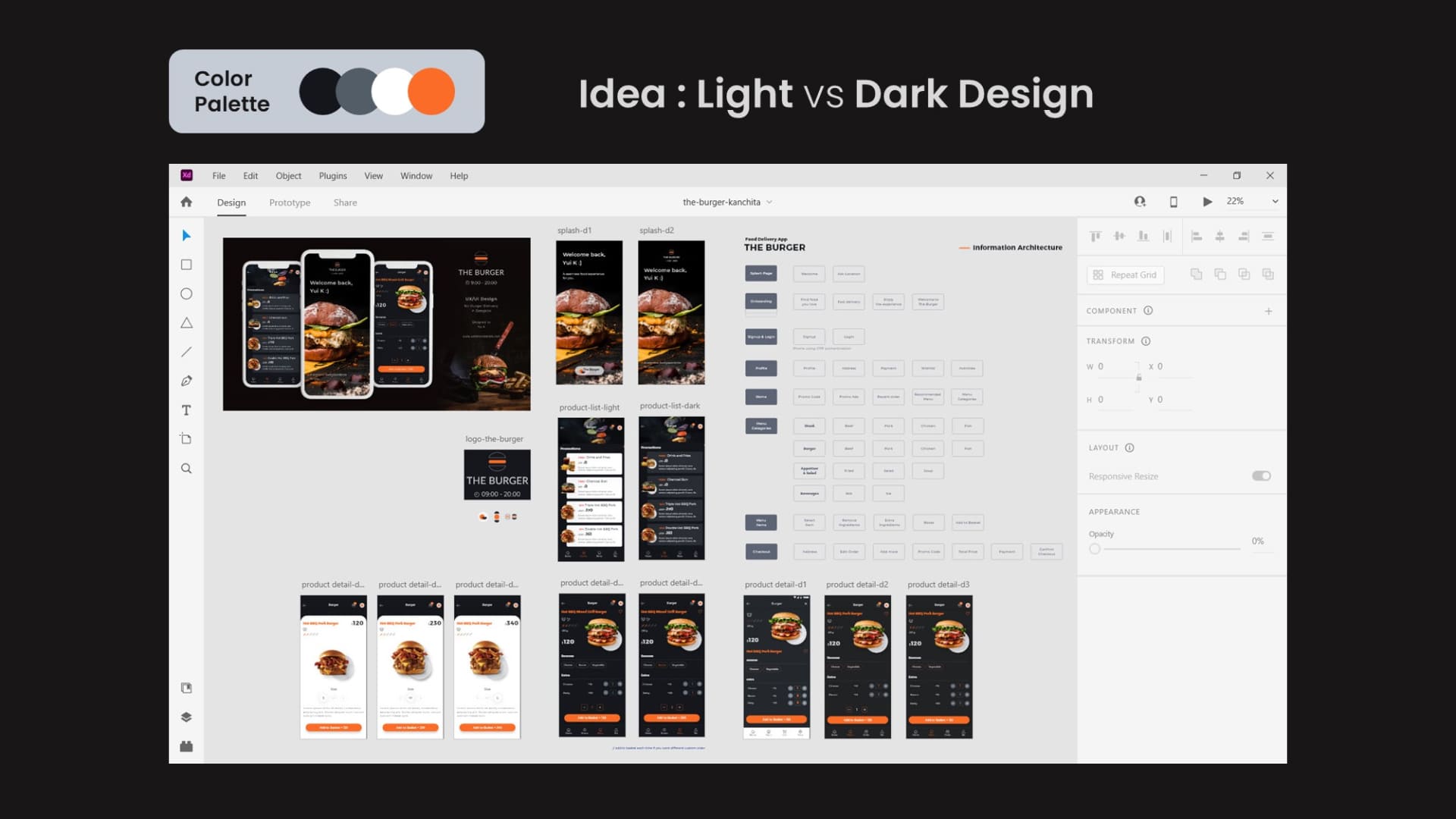 The Burger - Food App UI Concept Design - ideation light dark by Kanchita Varitthinanon